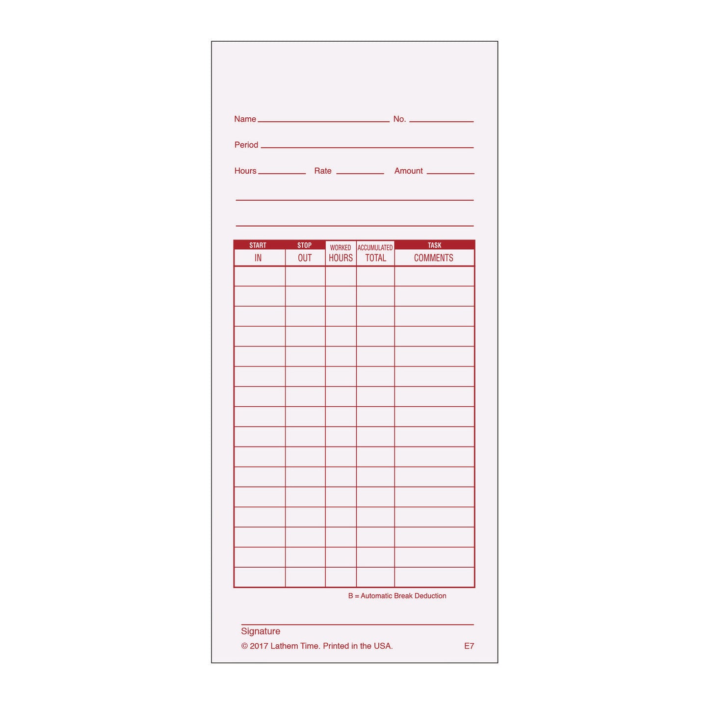 Time Clock Cards for Lathem Time 7000E, Two Sides, 3.5 x 7.25, 100/Pack (E7100)