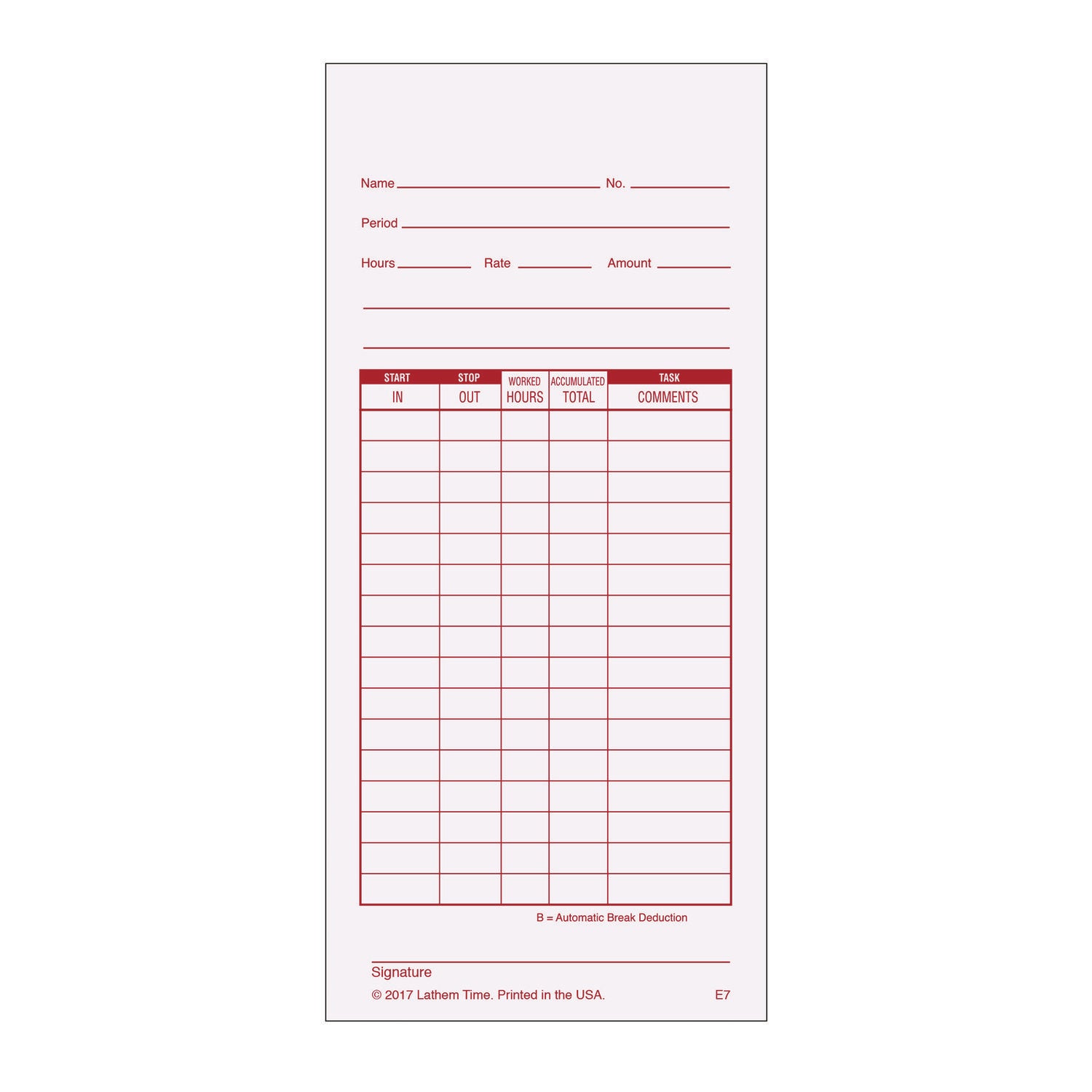 Time Clock Cards for Lathem Time 7000E, Two Sides, 3.5 x 7.25, 100/Pack (E7100)