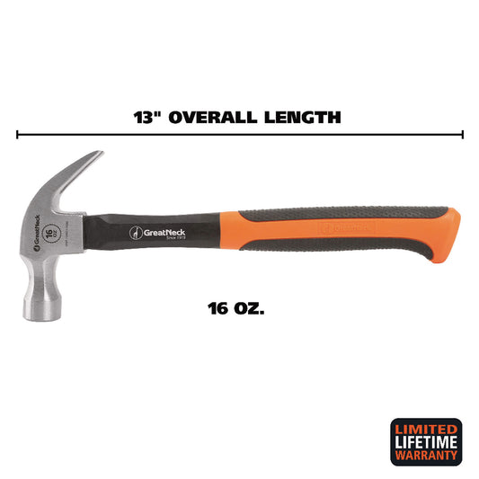 Great Neck 16 oz Claw Hammer with High-Visibility Orange Fiberglass Handle (HG16C)