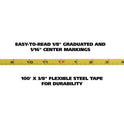 Great Neck English Rule Measuring Tape, 0.38" x 100 ft, Steel, Yellow (100E)