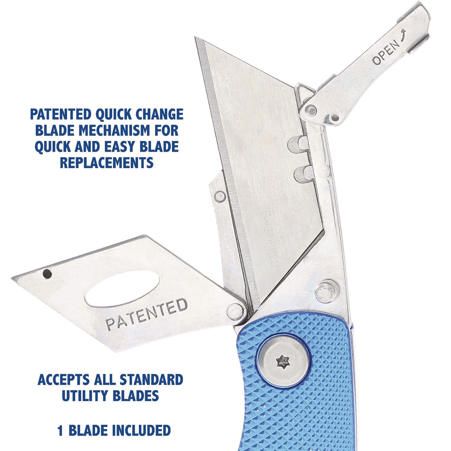 Great Neck Sheffield Folding Lockback Knife, 1 Utility Blade, 2" Blade, 3.5" Aluminum Handle, Blue (12113)