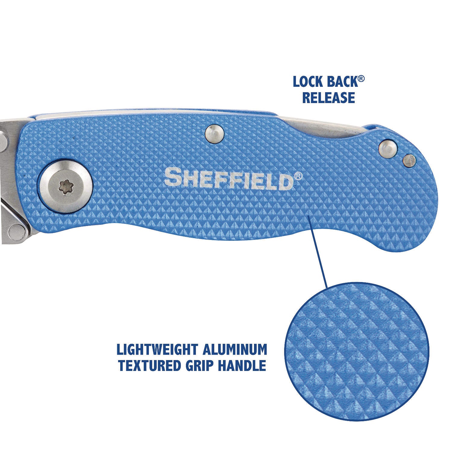 Great Neck Sheffield Folding Lockback Knife, 1 Utility Blade, 2" Blade, 3.5" Aluminum Handle, Blue (12113)