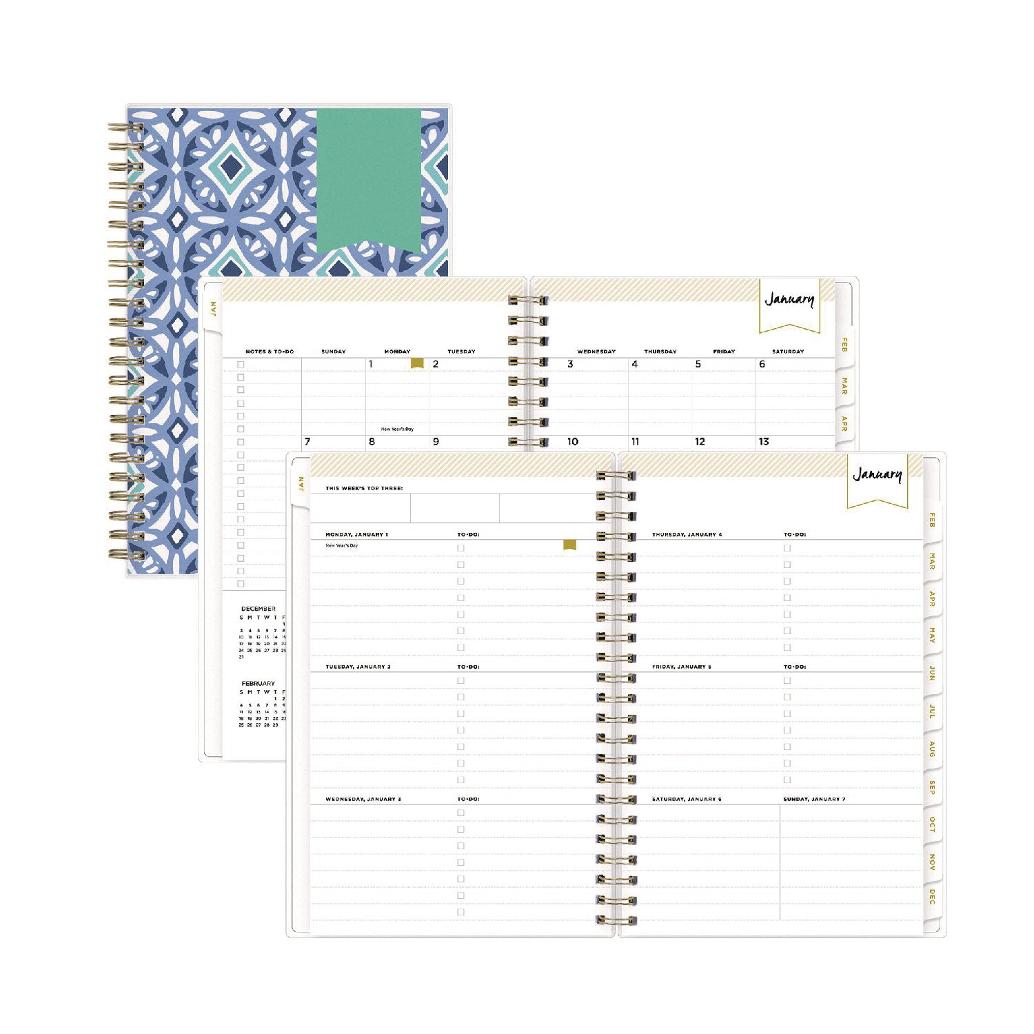 Blue Sky Day Designer Tile Weekly/Monthly Planner, Geometric Artwork, 8 x 5, Blue/White Cover, 12-Month (Jan to Dec): 2025 (101410)