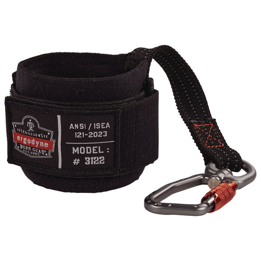 ergodyne Squids 3122 Pull-On Wrist Tool Lanyard with Carabiner Anchor, 5 lb Max Working Capacity, 7" Long, Black (19084)