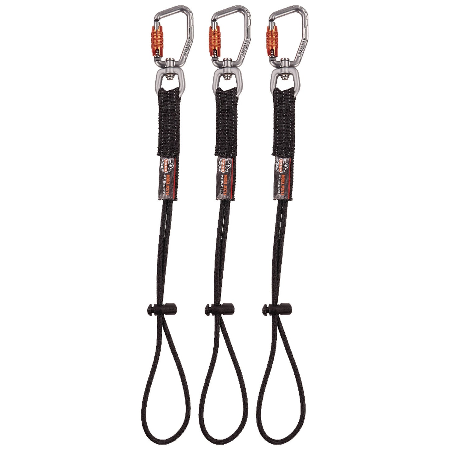 ergodyne Squids 3714 Elastic Tool Tail Lanyard w/Carabiner and Cinch Loop, 10 lb Max Working Capacity, 15" Long, Black, 3/Pack (19766)