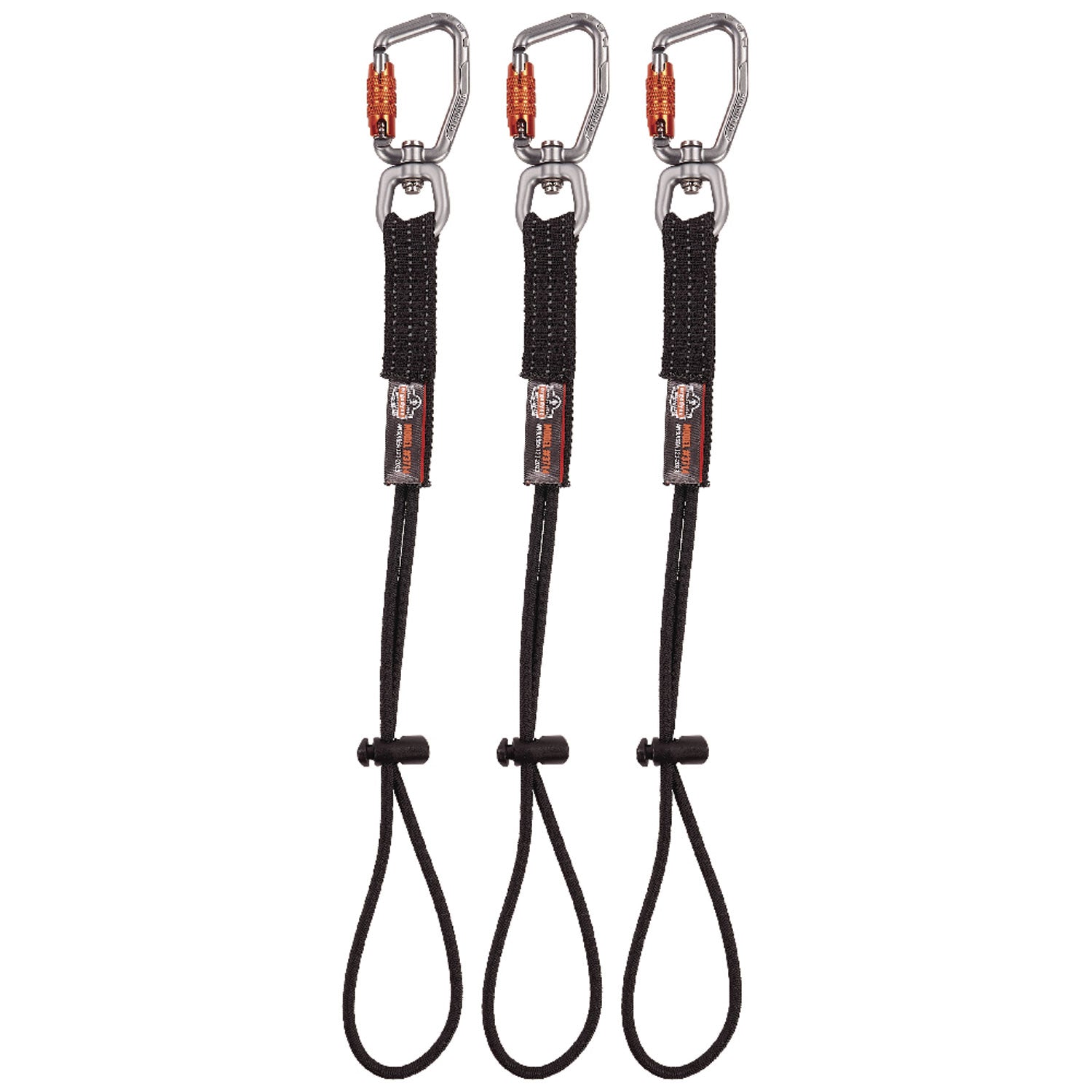 ergodyne Squids 3714 Elastic Tool Tail Lanyard w/Carabiner and Cinch Loop, 10 lb Max Working Capacity, 15" Long, Black, 3/Pack (19766)