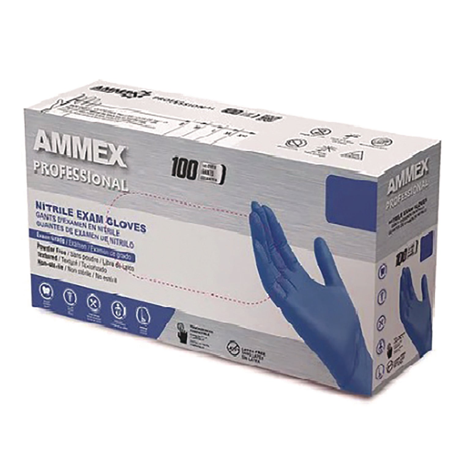 AMMEX Professional Nitrile Exam Gloves, Powder-Free, Large, Blue, 100/Box (ACNPF46100BX)