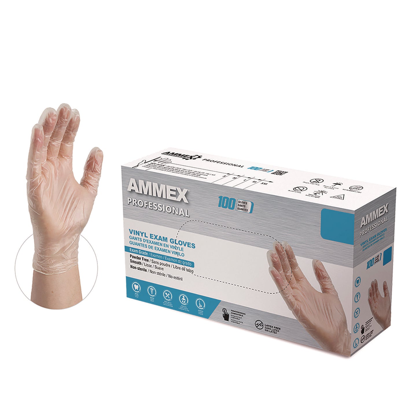 AMMEX Professional Vinyl Exam Gloves, Powder-Free, X-Large, Clear, 100/Box (VPF68100BX)