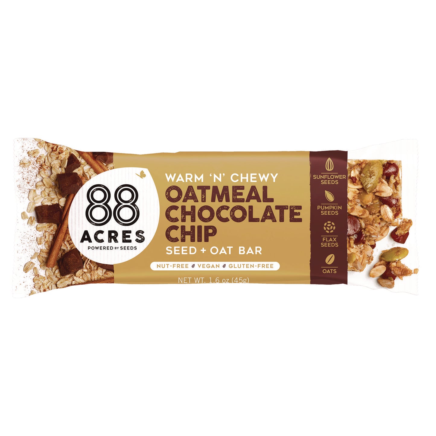 88 ACRES Warm 'N Chewy Gluten-Free Oatmeal/Chocolate Chip Seed and Oat Bar, 1.6 oz Bar, 9/Box (ACY11049)