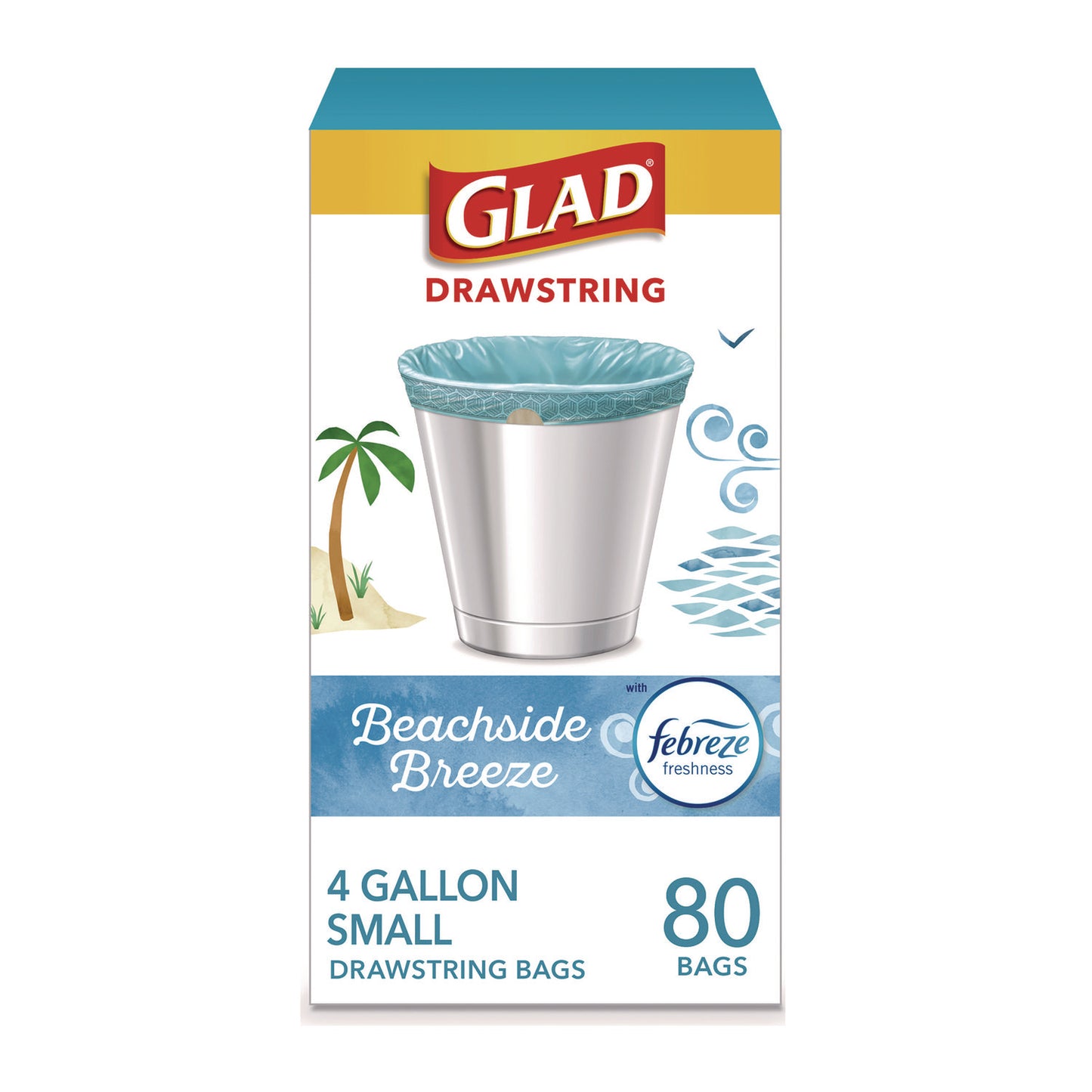 Glad Small Kitchen Drawstring Trash Bags, 4 gal, Beachside Breeze Scent, 0.5 mil, 18" x 17", Blue, 80/Box (79155)