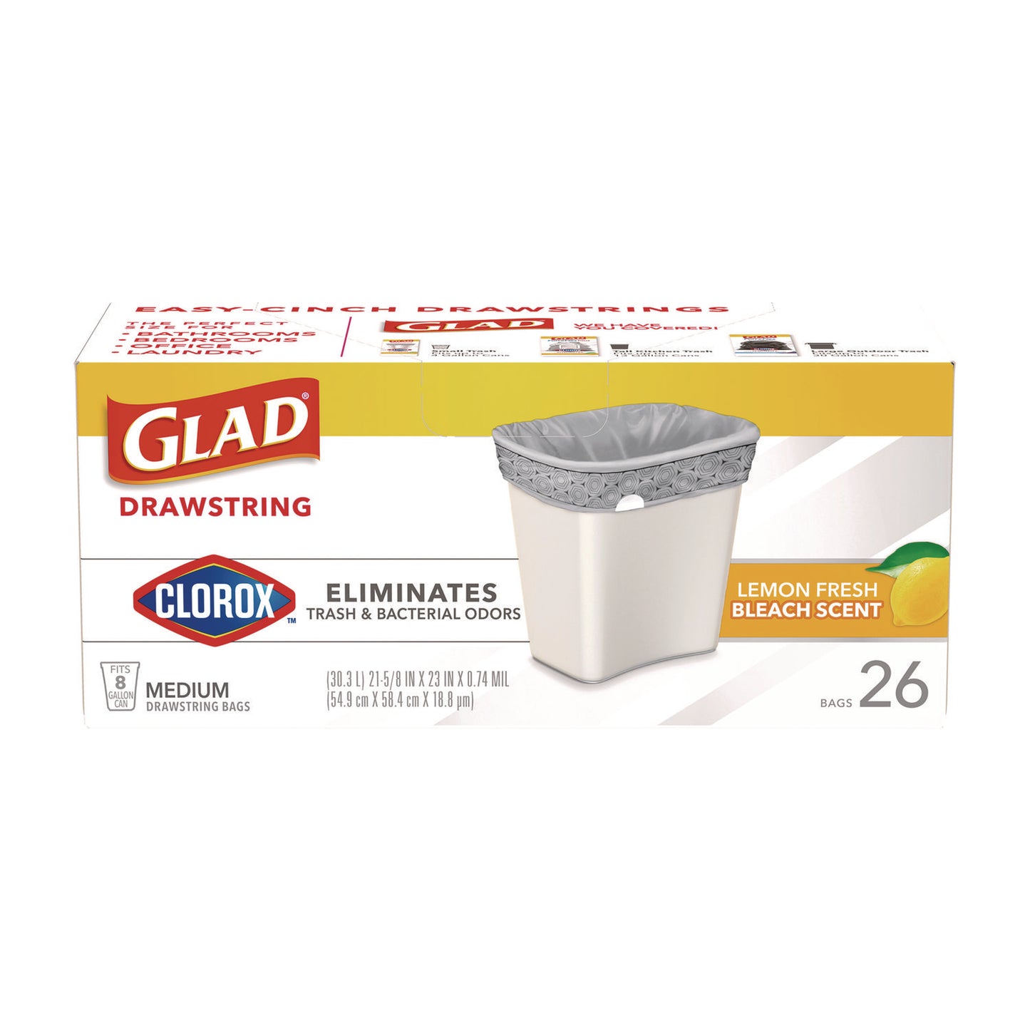 Glad Medium Drawstring Trash Bags with Clorox, 8 gal, Lemon Fresh Bleach Scent, 0.74 mil, 23" x 21.63", Gray, 26/Box (79316)