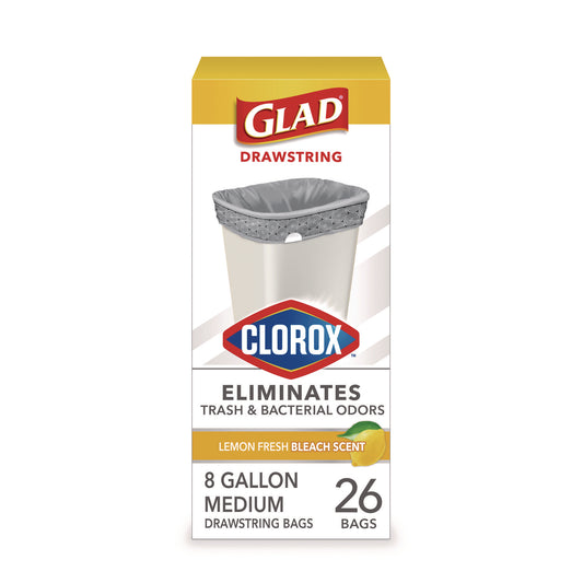 Glad Medium Drawstring Trash Bags with Clorox, 8 gal, Lemon Fresh Bleach Scent, 0.74 mil, 23" x 21.63", Gray, 26/Box (79316)