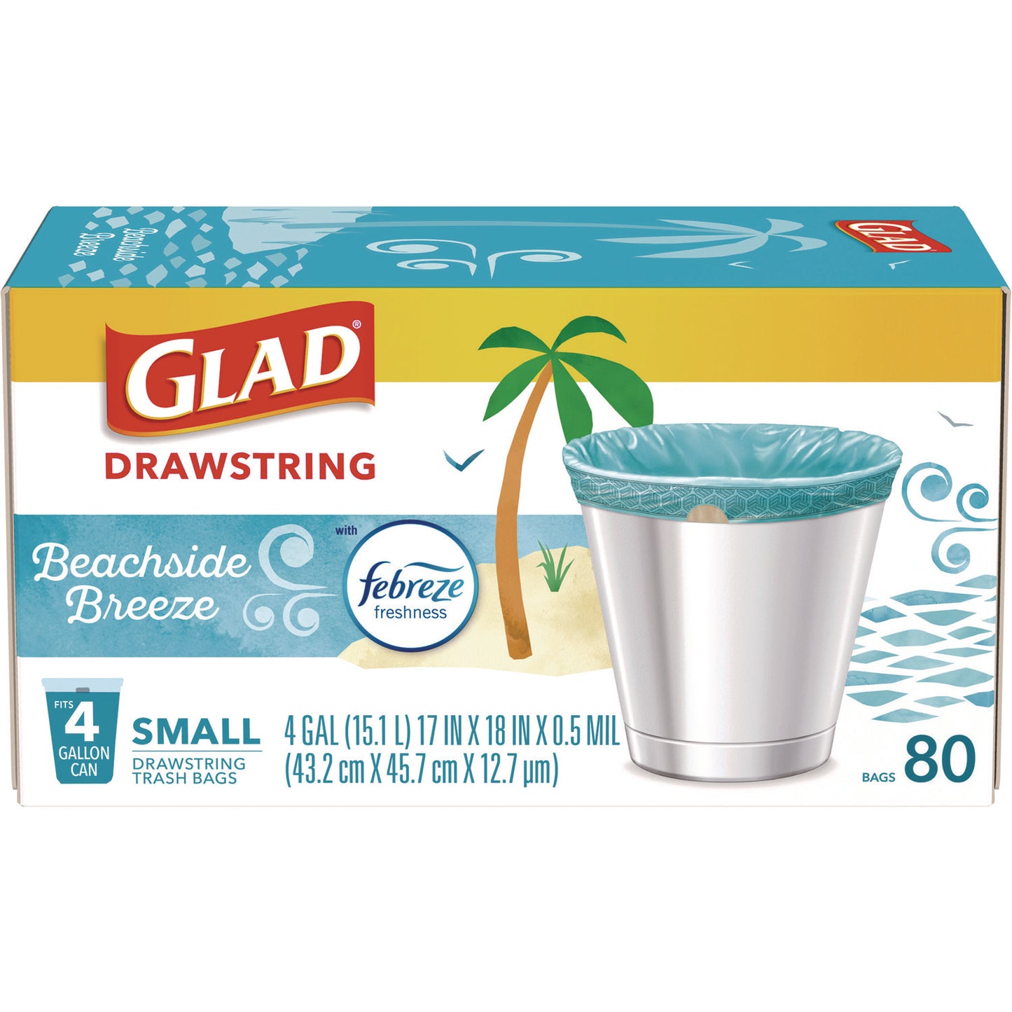 Glad Small Kitchen Drawstring Trash Bags, 4 gal, Beachside Breeze Scent, 0.5 mil, 18" x 17", Blue, 80/Box (79155)