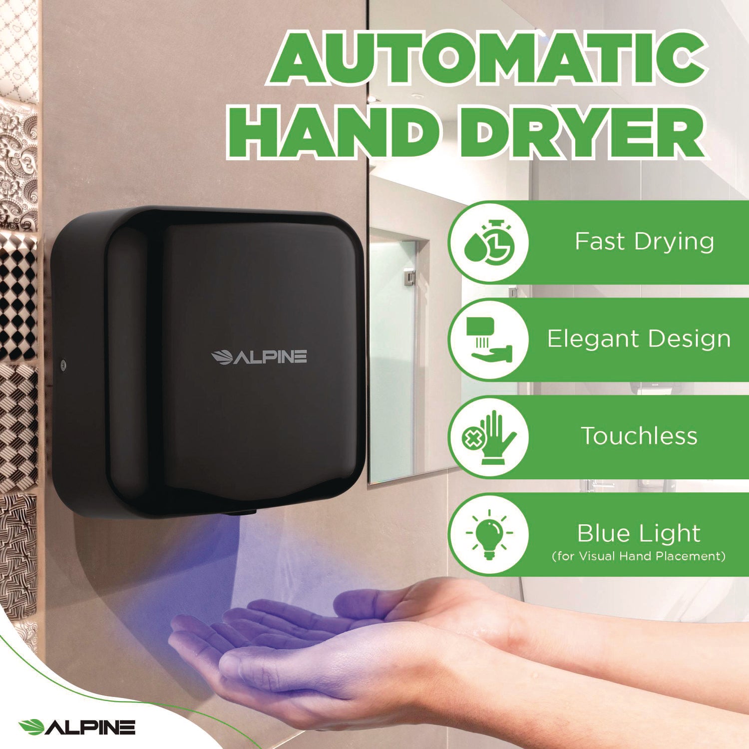 Alpine Hemlock Commercial Automatic 120V Hand Dryer, 6.69 x 11.41 x 12.31, Stainless Steel, Black (ALP40010BLA)