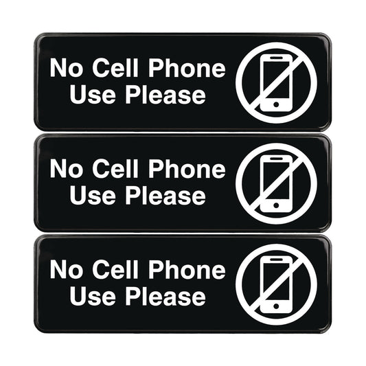 Excello Global Products No Cell Phone Use Please Indoor/Outdoor Wall Sign, 9 x 3, Black Face, White Graphics, 3/Pack (EGPHD0266S)