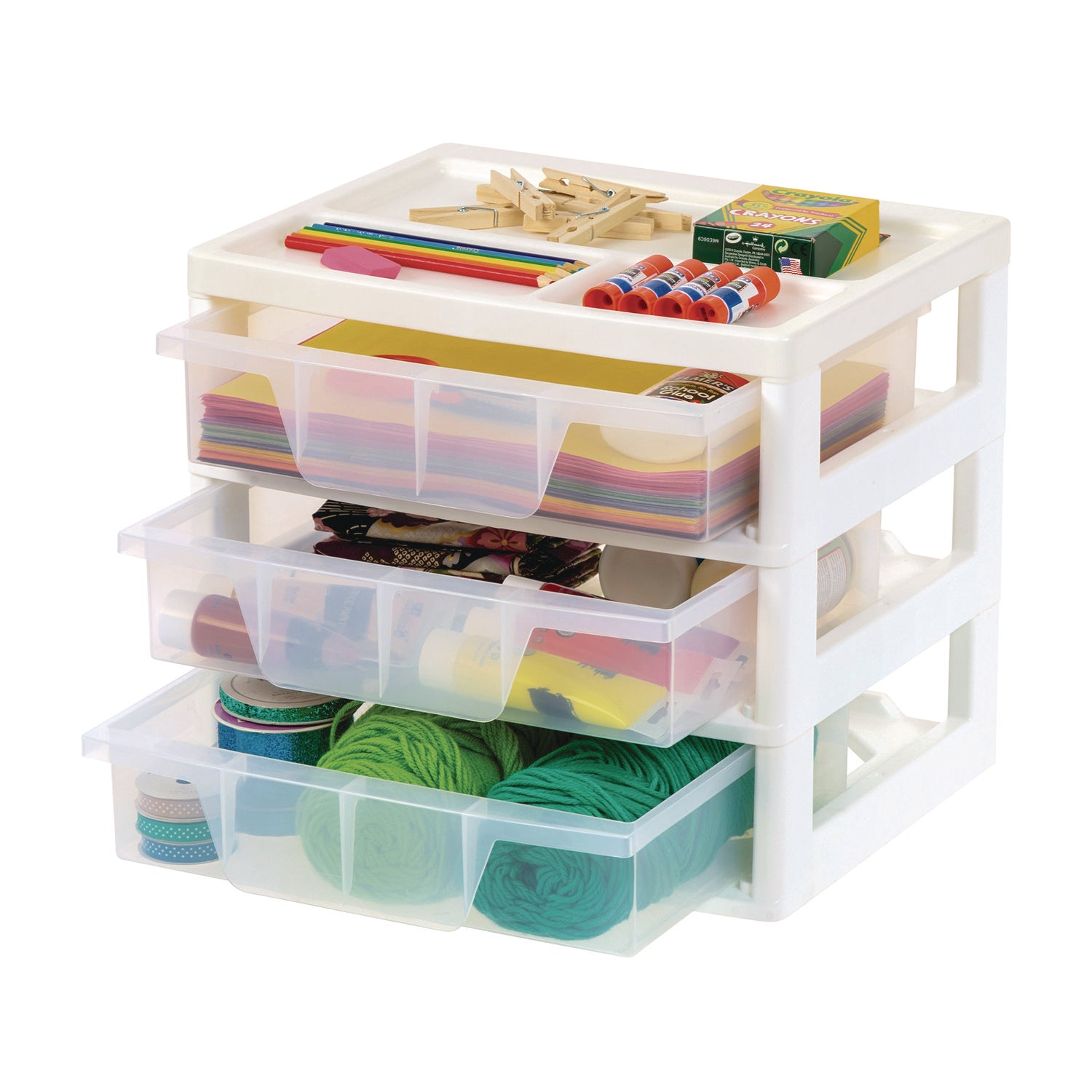 Iris 3-Drawer Desktop Storage, Plastic, 14.6 x 12.31 x 12.75, White/Clear (301161)