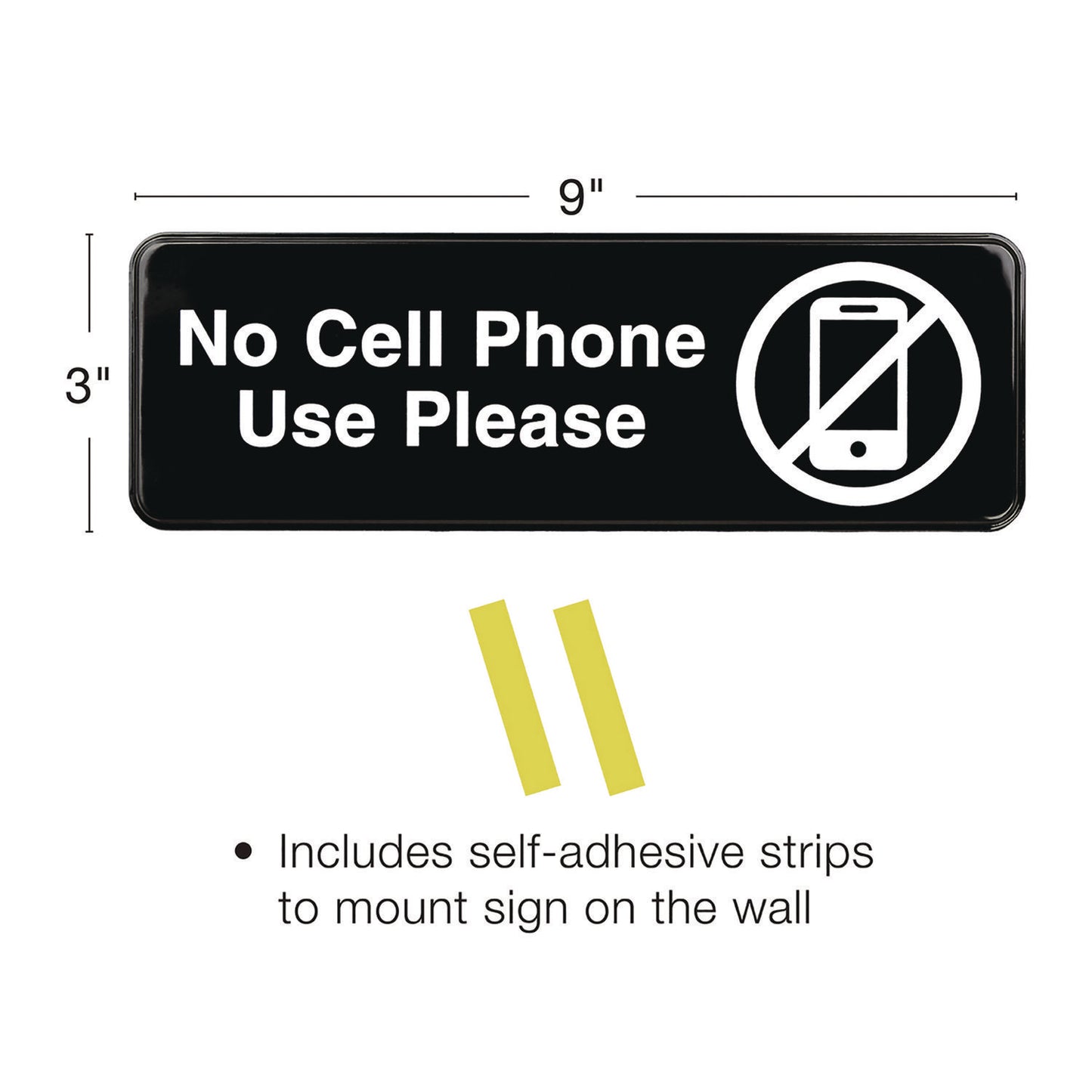 Excello Global Products No Cell Phone Use Please Indoor/Outdoor Wall Sign, 9 x 3, Black Face, White Graphics, 3/Pack (EGPHD0266S)