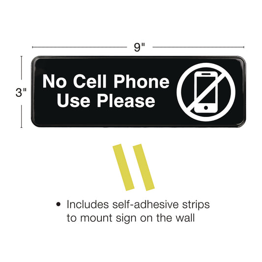 Excello Global Products No Cell Phone Use Please Indoor/Outdoor Wall Sign, 9 x 3, Black Face, White Graphics, 3/Pack (EGPHD0266S)