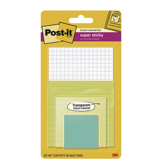 Post-it Pad Collection Assortment Pack with Transparent Notes, Assorted Colors/Ruling/Sizes, 4 Pads/Pack (4622SSGRIDTR)