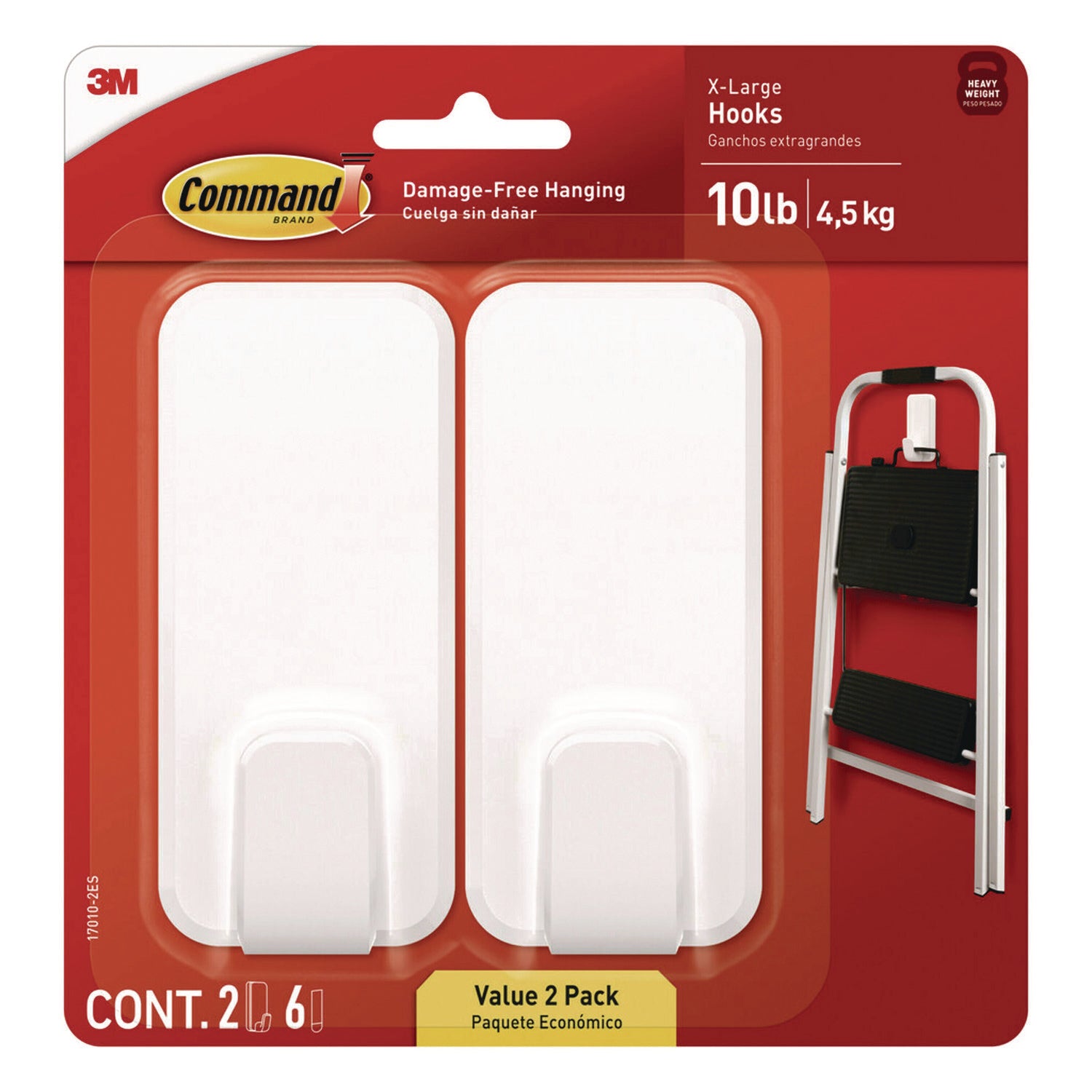 Command X-Large Utility Hooks, Plastic, White, 10 lb Capacity, 2 Hooks and 6 Strips/Pack (170102ES)