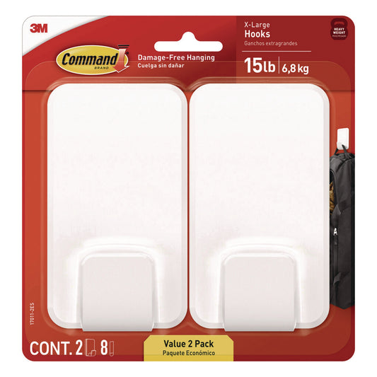 Command X-large Utility Hooks, Plastic, White, 15 lb Capacity, 2 Hooks and 8 Strips/Pack (170112ES)