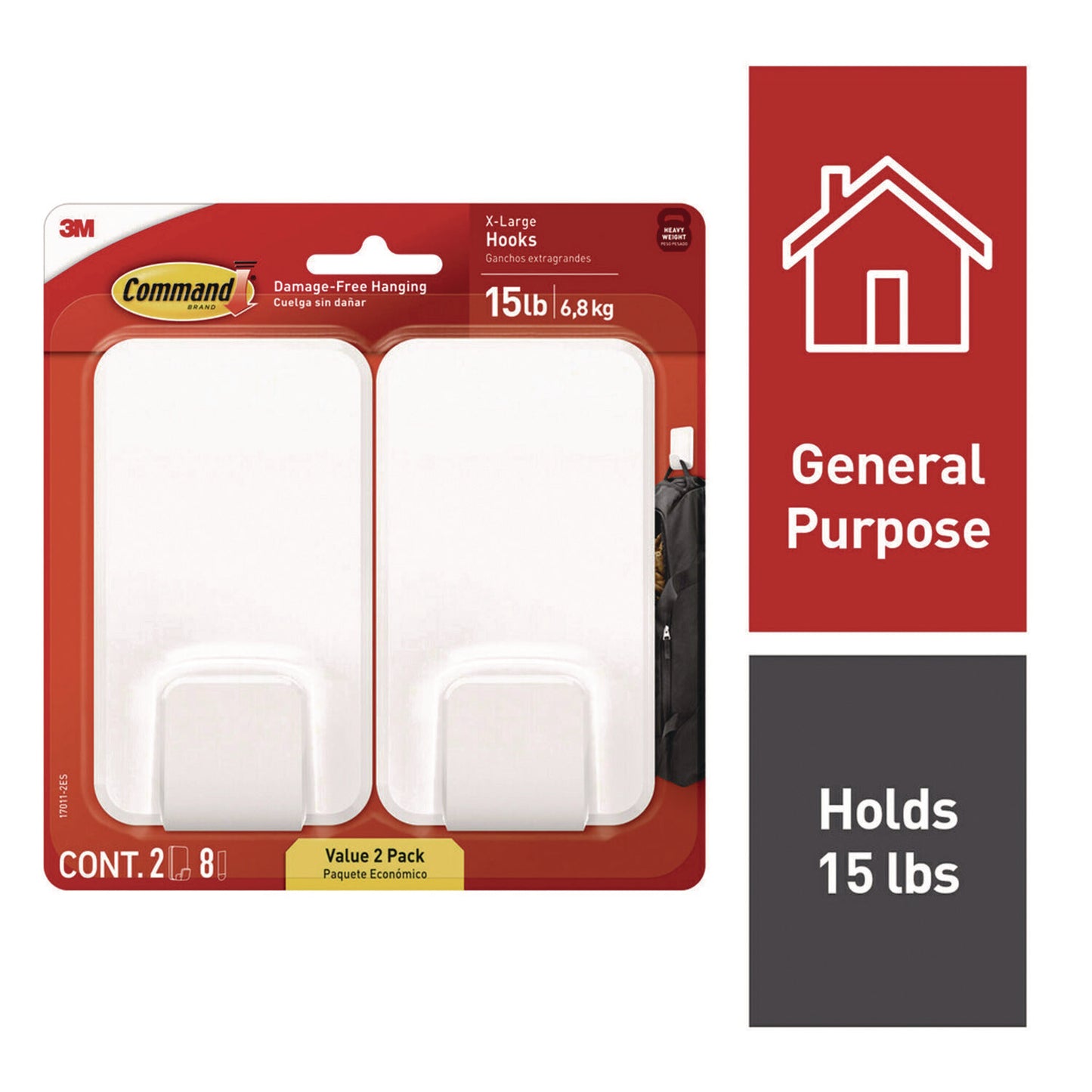Command X-large Utility Hooks, Plastic, White, 15 lb Capacity, 2 Hooks and 8 Strips/Pack (170112ES)