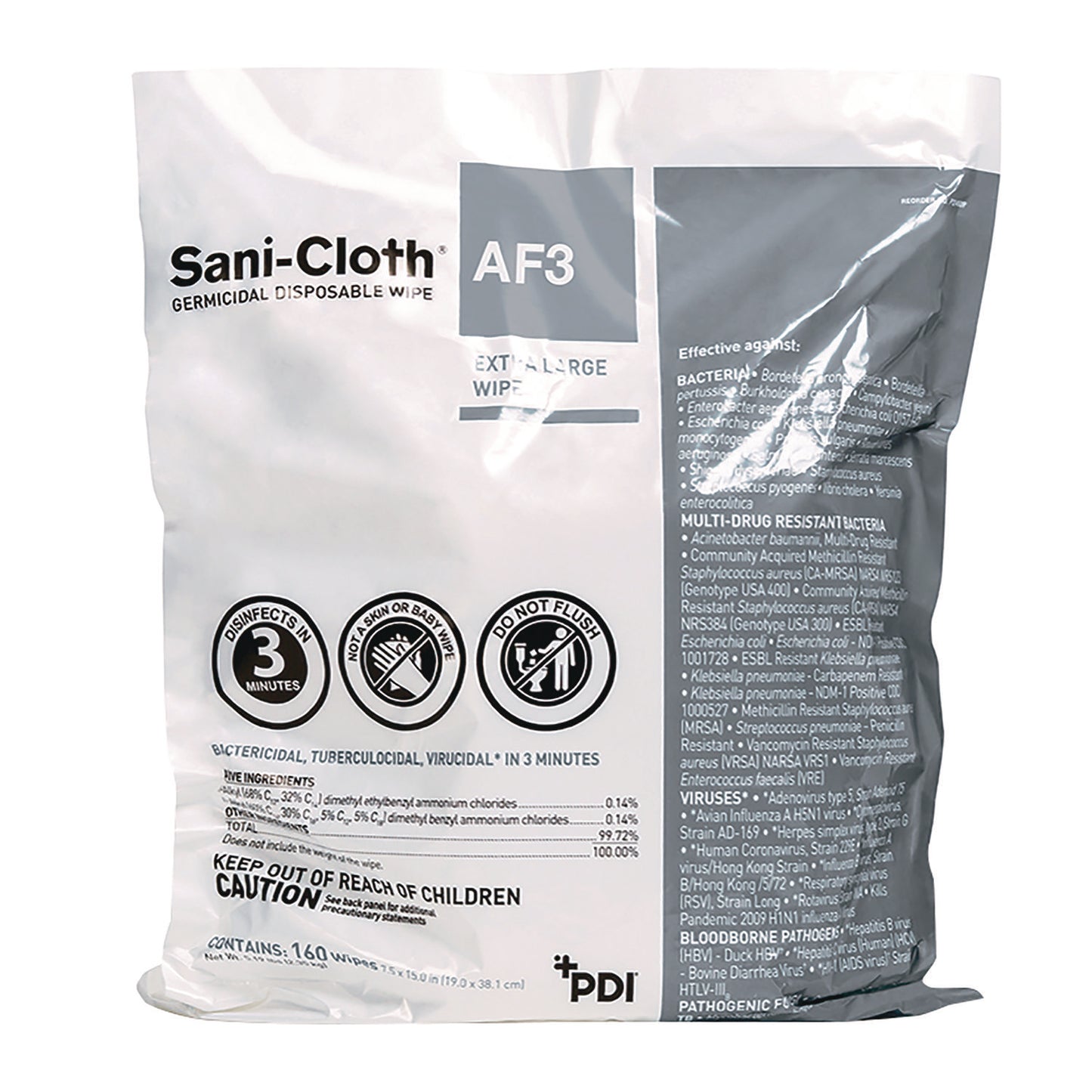 Sani AF3 Germicidal Disposable Wipes, 1-Ply, 7.5 x 15, Unscented, White, 160 Wipes/Zip Seal Bag (P2450PPK)