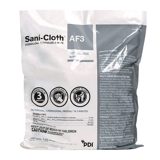 Sani AF3 Germicidal Disposable Wipes, 1-Ply, 7.5 x 15, Unscented, White, 160 Wipes/Zip Seal Bag (P2450PPK)