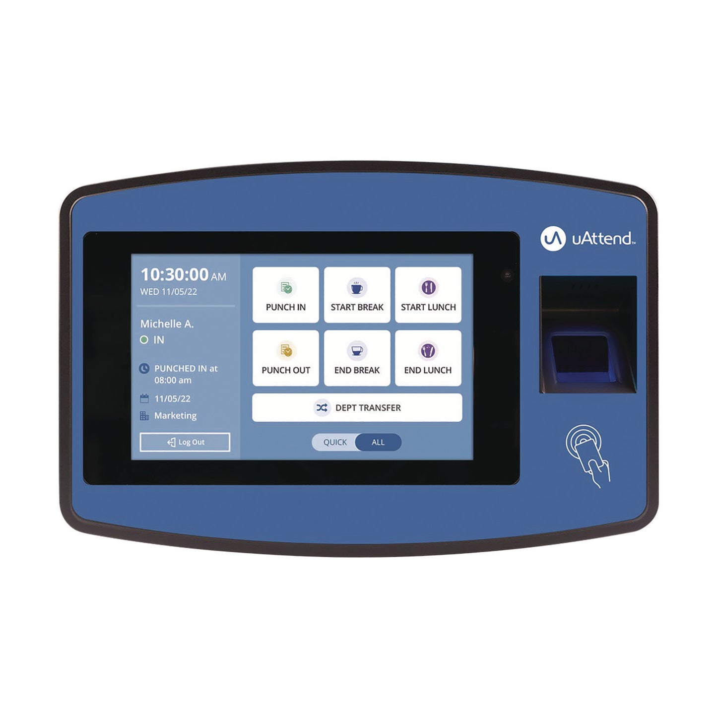 uAttend Biometric Fingerprint Touch Tablet Time Clock System, Unlimited Employees, Black/Blue (2500)