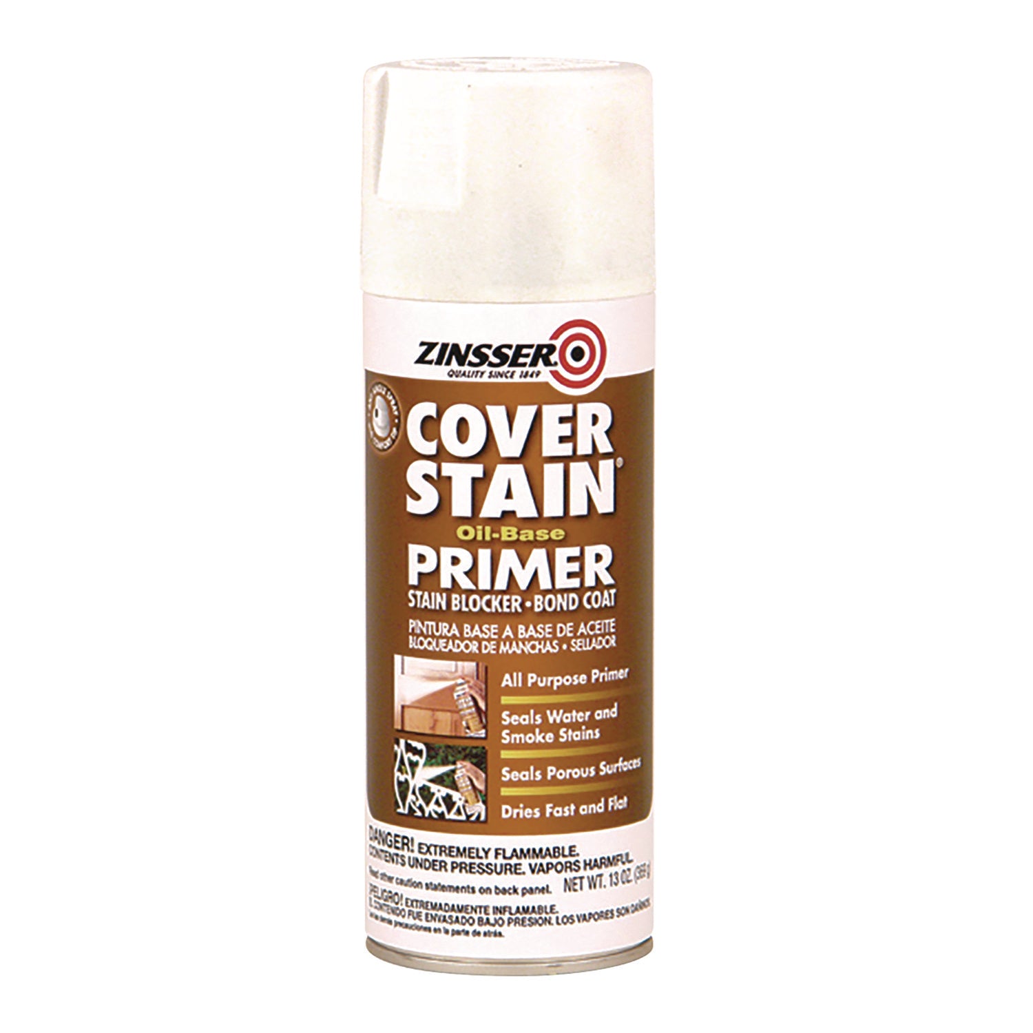 Zinsser Cover Stain Oil-Based Spray Primer, Interior/Exterior, Flat White, 13 oz Aerosol Can, 6/Carton (3608)