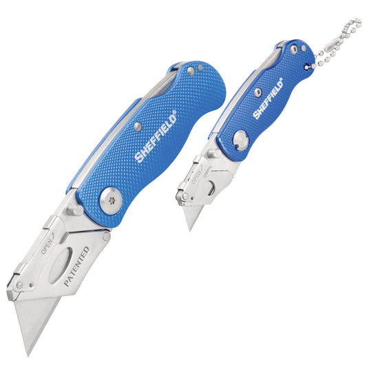 Sheffield Folding Lock Back Utility Knife Set, 1 Standard, 1 Mini, Blue (12117)