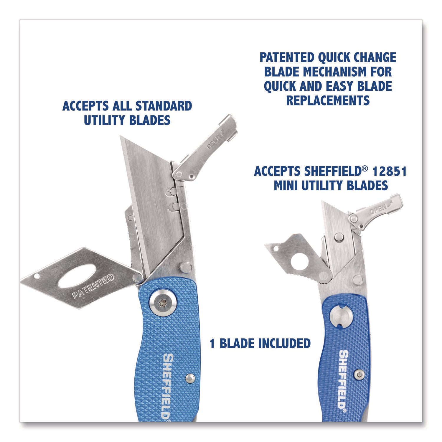 Sheffield Folding Lock Back Utility Knife Set, 1 Standard, 1 Mini, Blue (12117)