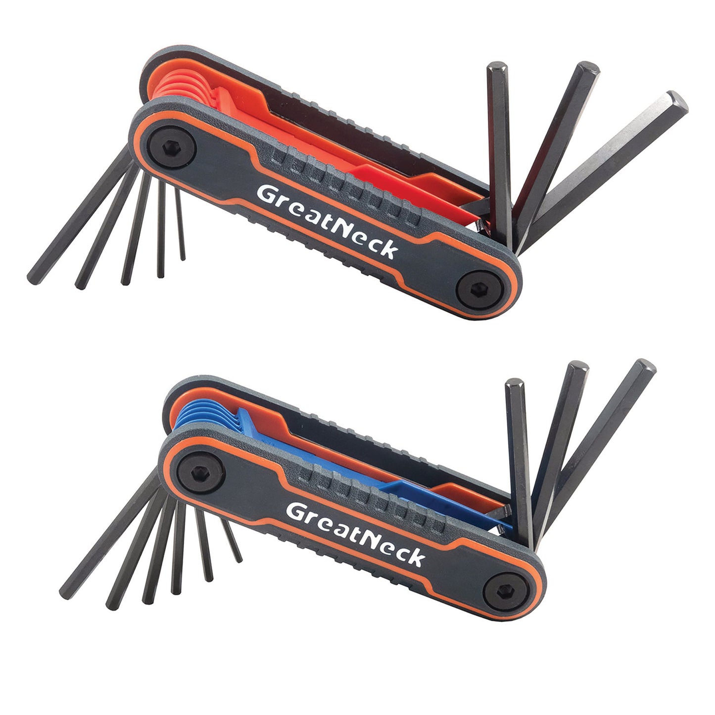 Great Neck Hex Key Fold-Up Tool Set, Two-Piece, Metric/SAE, Black-Oxide/Blue (SAE), Black-Oxide/Red (Metric) (74205)