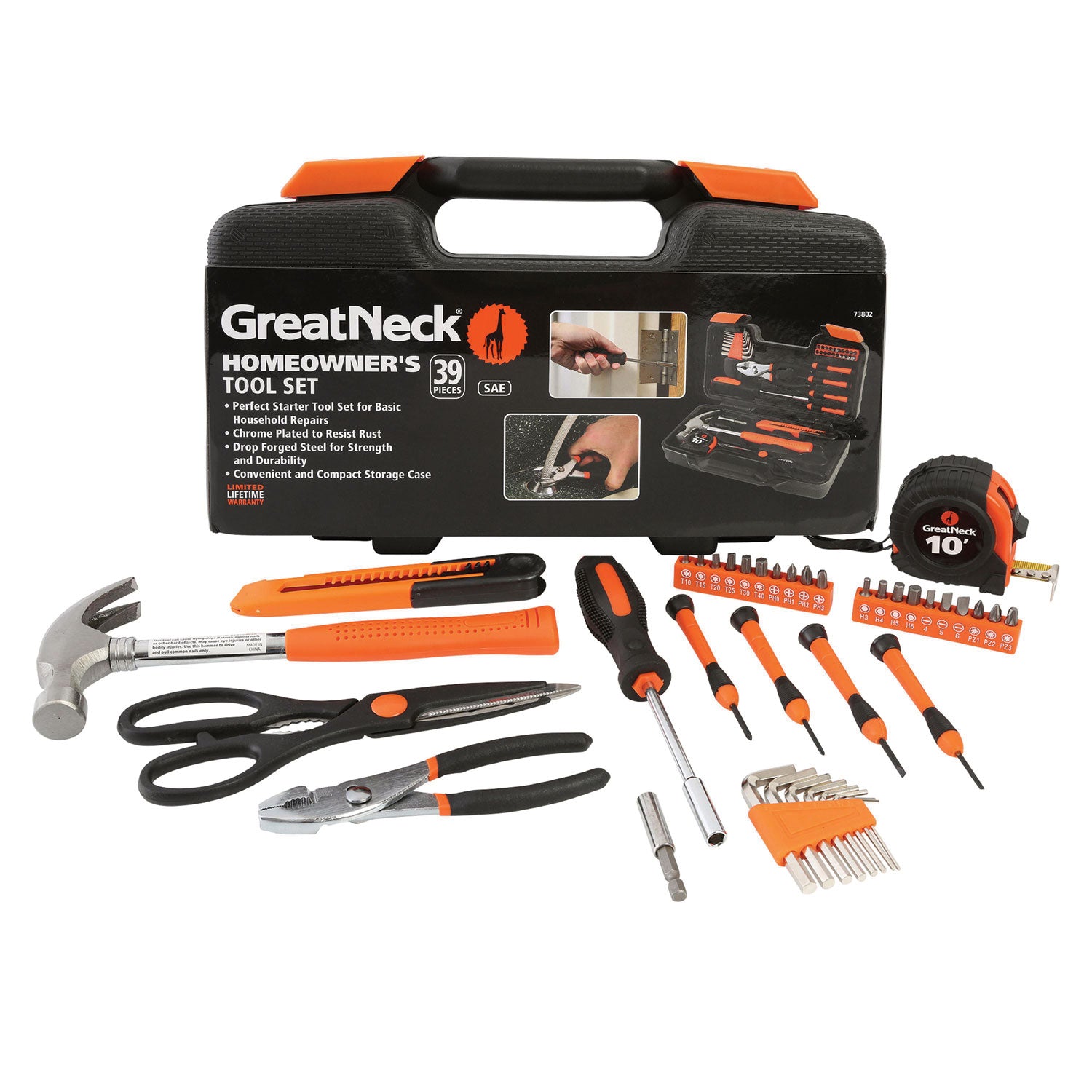 Great Neck Homeowner's 39-Piece Tool Set, 12.38" x 3" x 7.25" Carry Case (73802)