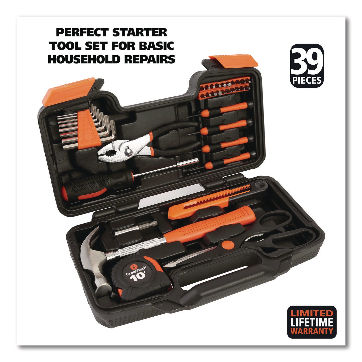 Great Neck Homeowner's 39-Piece Tool Set, 12.38" x 3" x 7.25" Carry Case (73802)