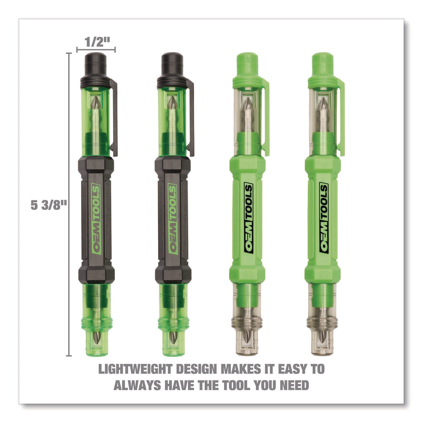 OEMTOOLS 6-Way Pen-Style Screw/Nut Driver, Phillips/Slotted Bits, Metric Sockets, 5.38" Long, Black/Green, Green/Clear, 4/Pack (22537)