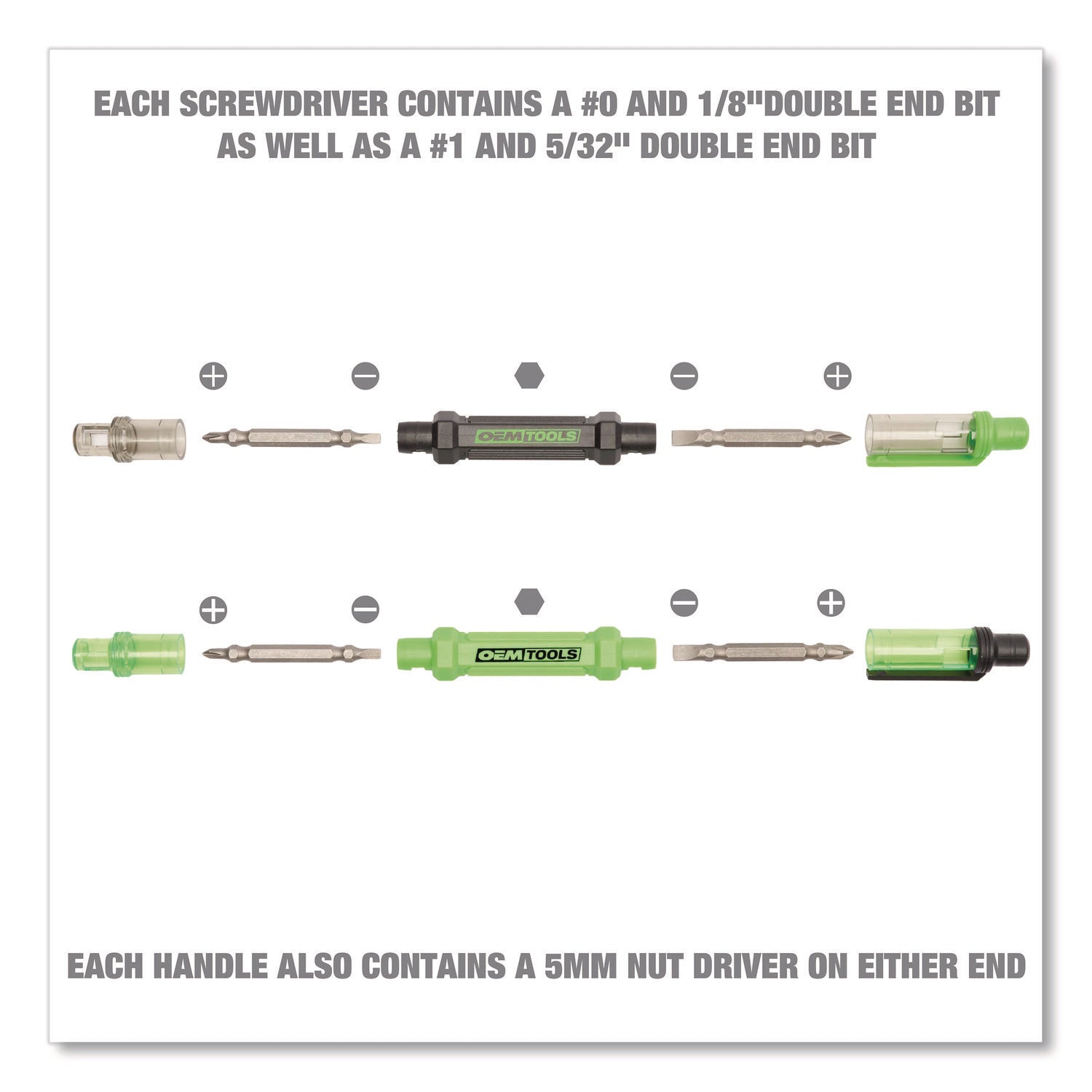 OEMTOOLS 6-Way Pen-Style Screw/Nut Driver, Phillips/Slotted Bits, Metric Sockets, 5.38" Long, Black/Green, Green/Clear, 4/Pack (22537)