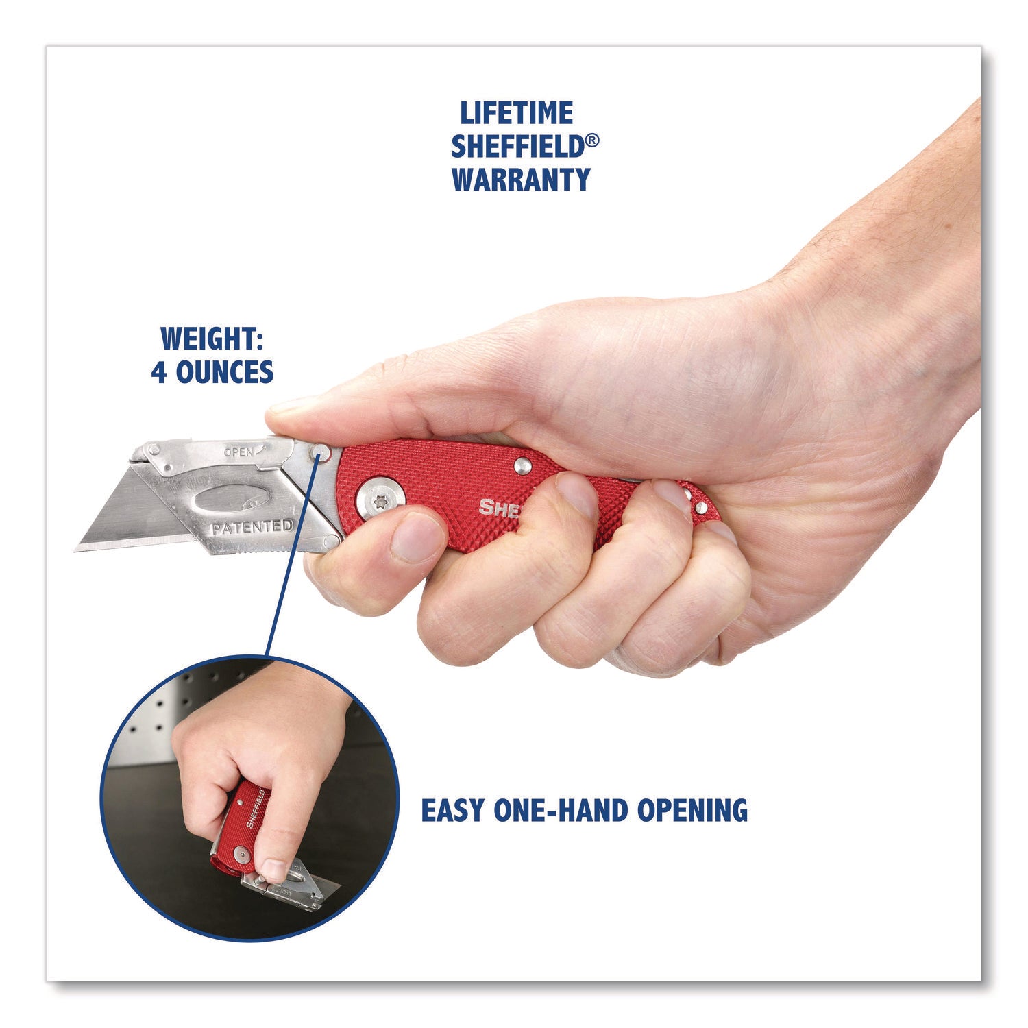 Sheffield Quick Change Lock Back Utility Knife, 1.25" Blade, 3.5" Aluminum Handle, Red (12614)