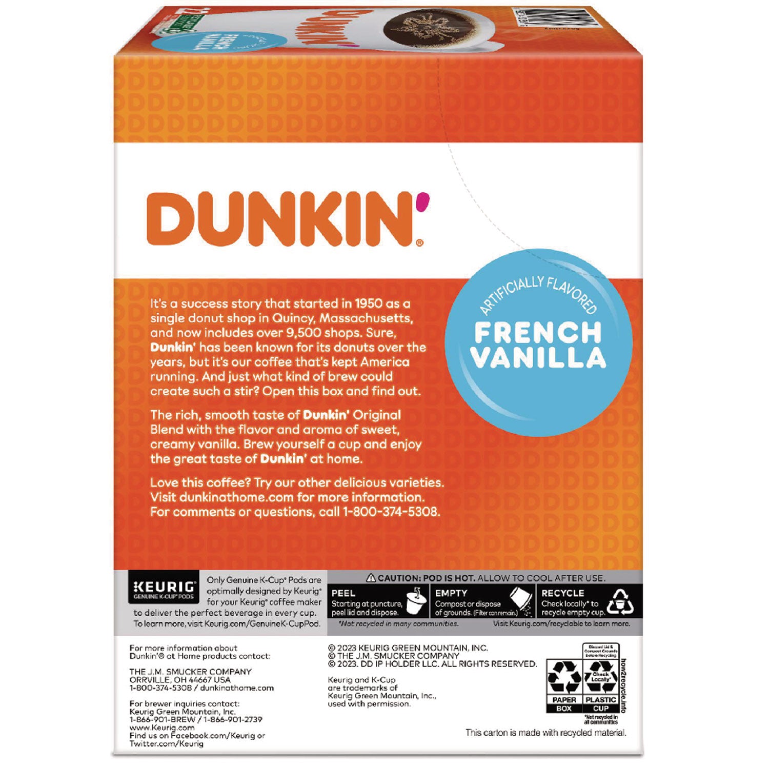 Dunkin Donuts K-Cup Pods, French Vanilla, 22/Box (1268)