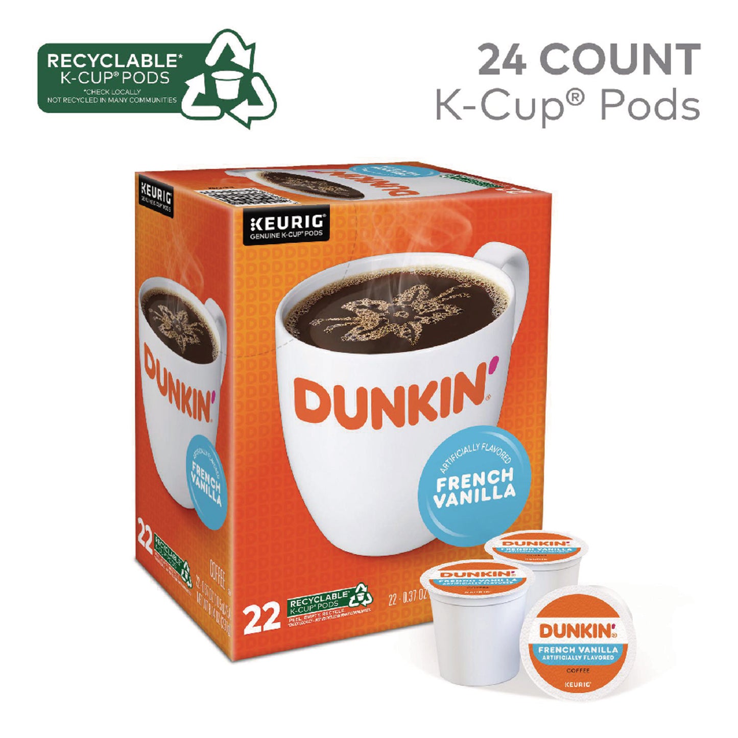 Dunkin Donuts K-Cup Pods, French Vanilla, 22/Box (1268)