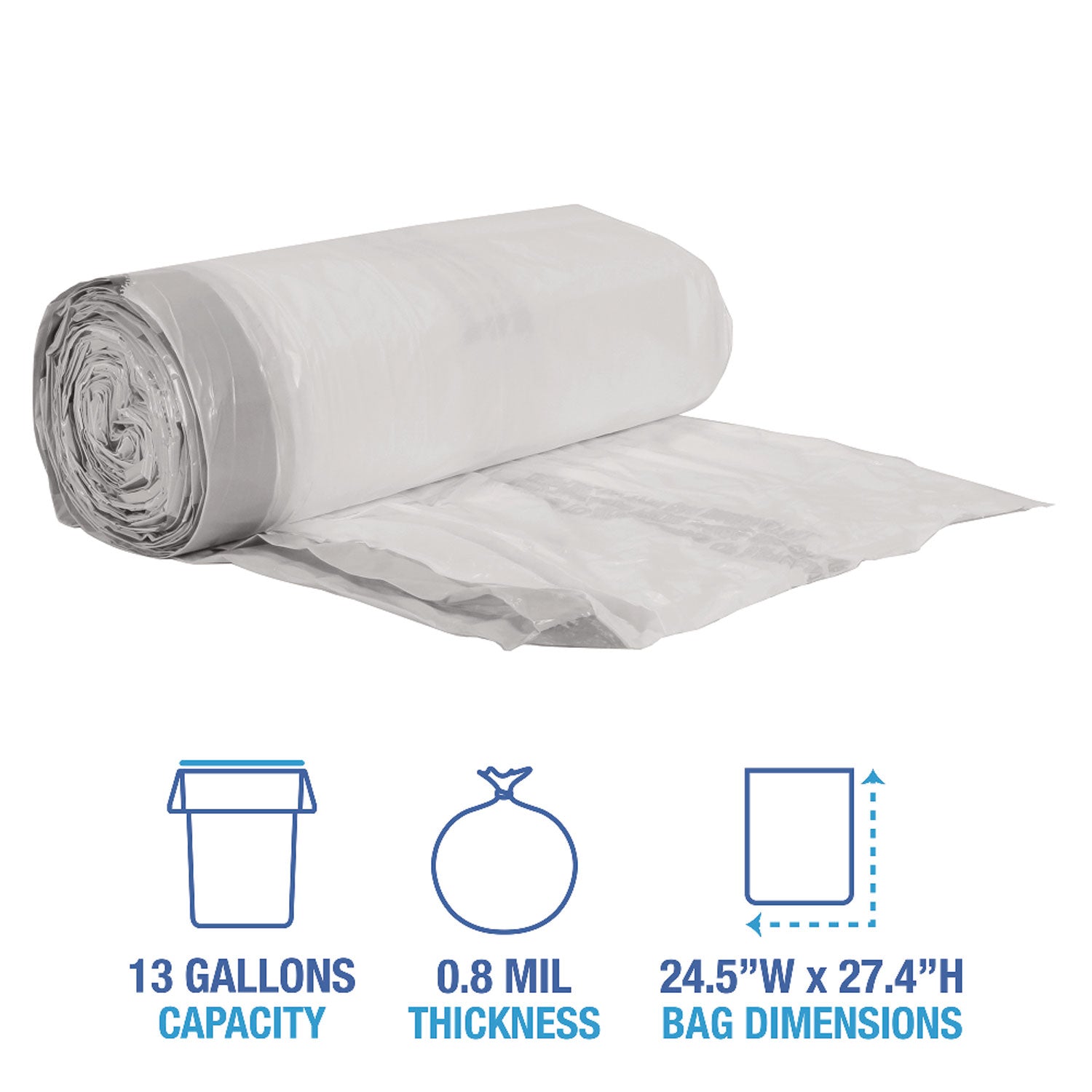 Boardwalk Drawstring Kitchen Bags, Drawstring, 13 gal, 24" x 28", White, 50 Bags/Roll, 2 Rolls/Carton (1DK100)