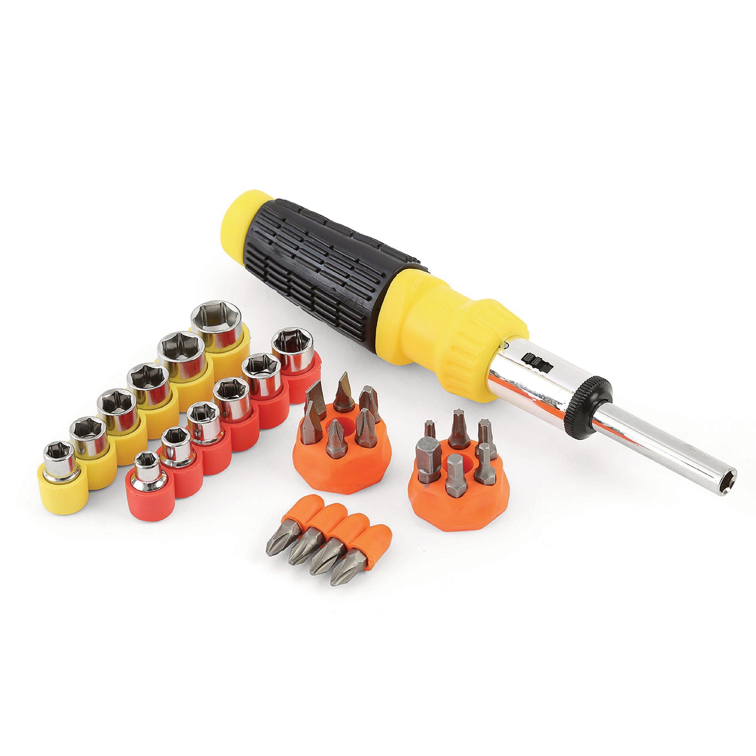 Great Neck Ratcheting Screw/Nut Driver Set, 34-Piece, Hex/Phillips/Slotted/Star Bits, Metric/SAE Sockets, 8" Long, Yellow/Black Handle (92018)