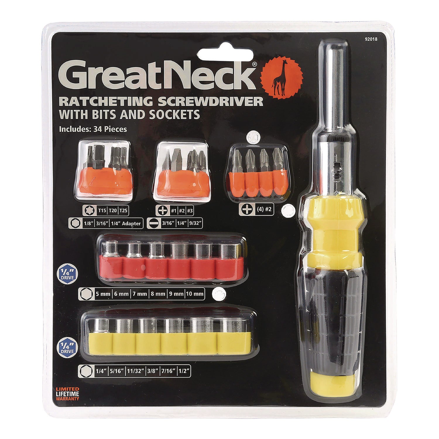 Great Neck Ratcheting Screw/Nut Driver Set, 34-Piece, Hex/Phillips/Slotted/Star Bits, Metric/SAE Sockets, 8" Long, Yellow/Black Handle (92018)