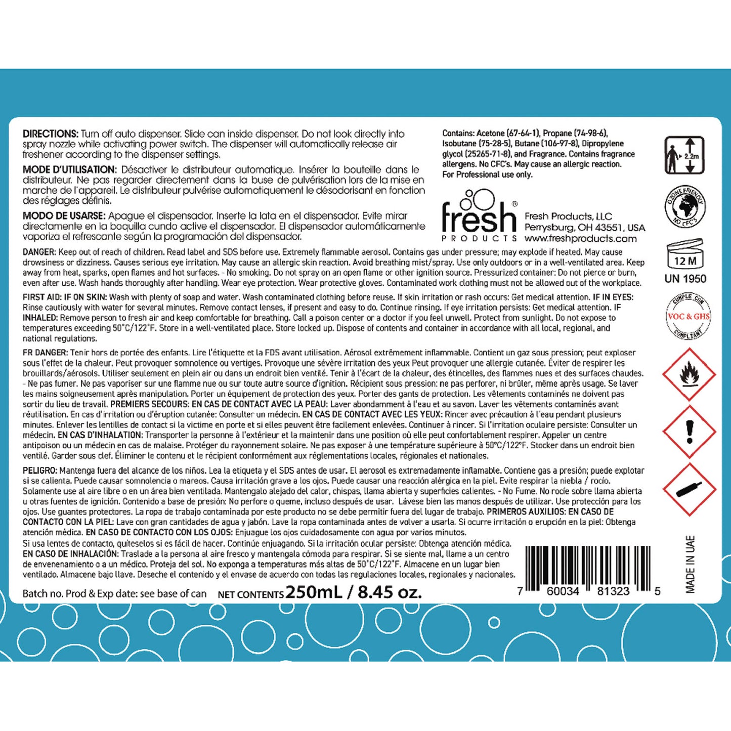 Fresh Products Fusion Metered Aerosols, Cotton Blossom, 6.25 oz Aerosol Spray, 12/Carton (MA12BL)