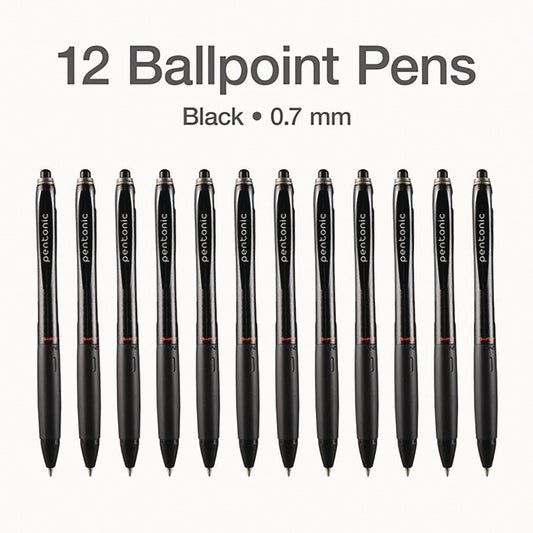 TOPS PENTONIC Retractable Ballpoint Pen, Fine 0.7 mm, Black Ink, Black Barrel, 12/Pack (12120)