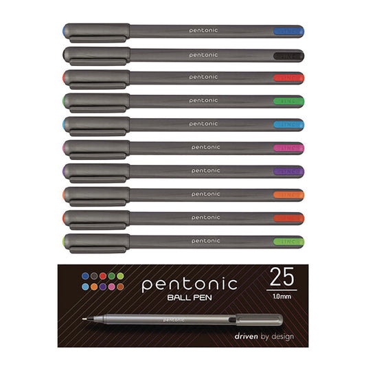 TOPS PENTONIC Medium Point Ballpoint Pen, 1 mm, Assorted Ink Colors, Charcoal Gray Barrel, 25/Pack (12127)