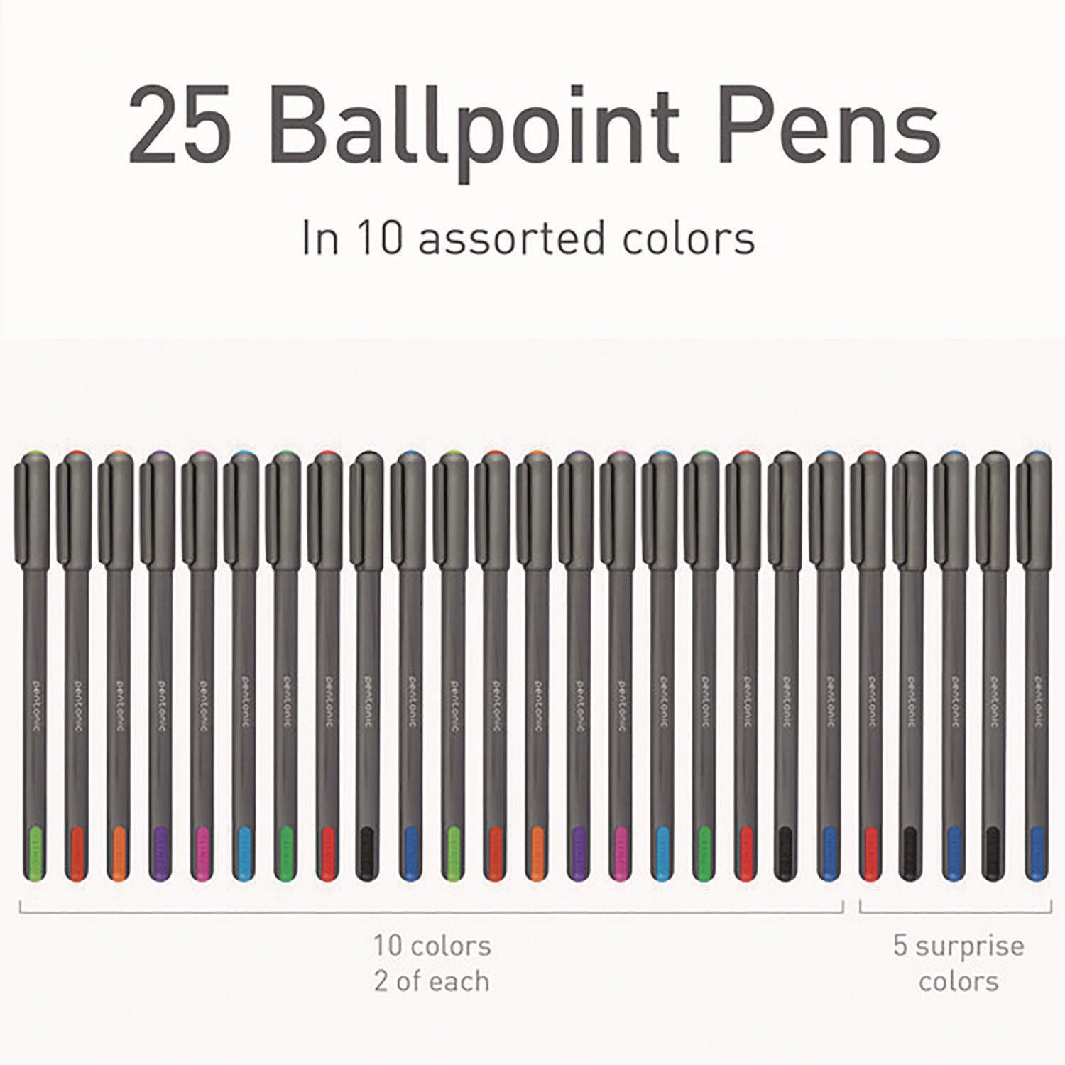 TOPS PENTONIC Medium Point Ballpoint Pen, 1 mm, Assorted Ink Colors, Charcoal Gray Barrel, 25/Pack (12127)