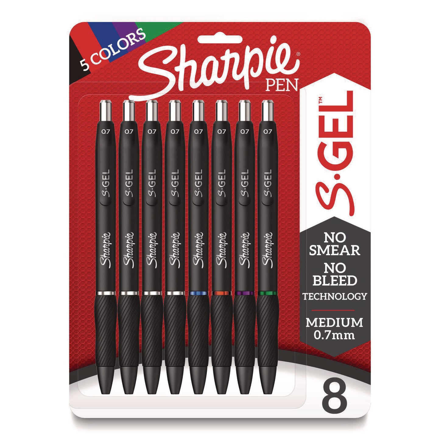 Sharpie S-Gel High-Performance Gel Pen, Retractable, Medium 0.7 mm, Five Assorted Ink Colors, Black Barrel, 8/Pack (2126231)