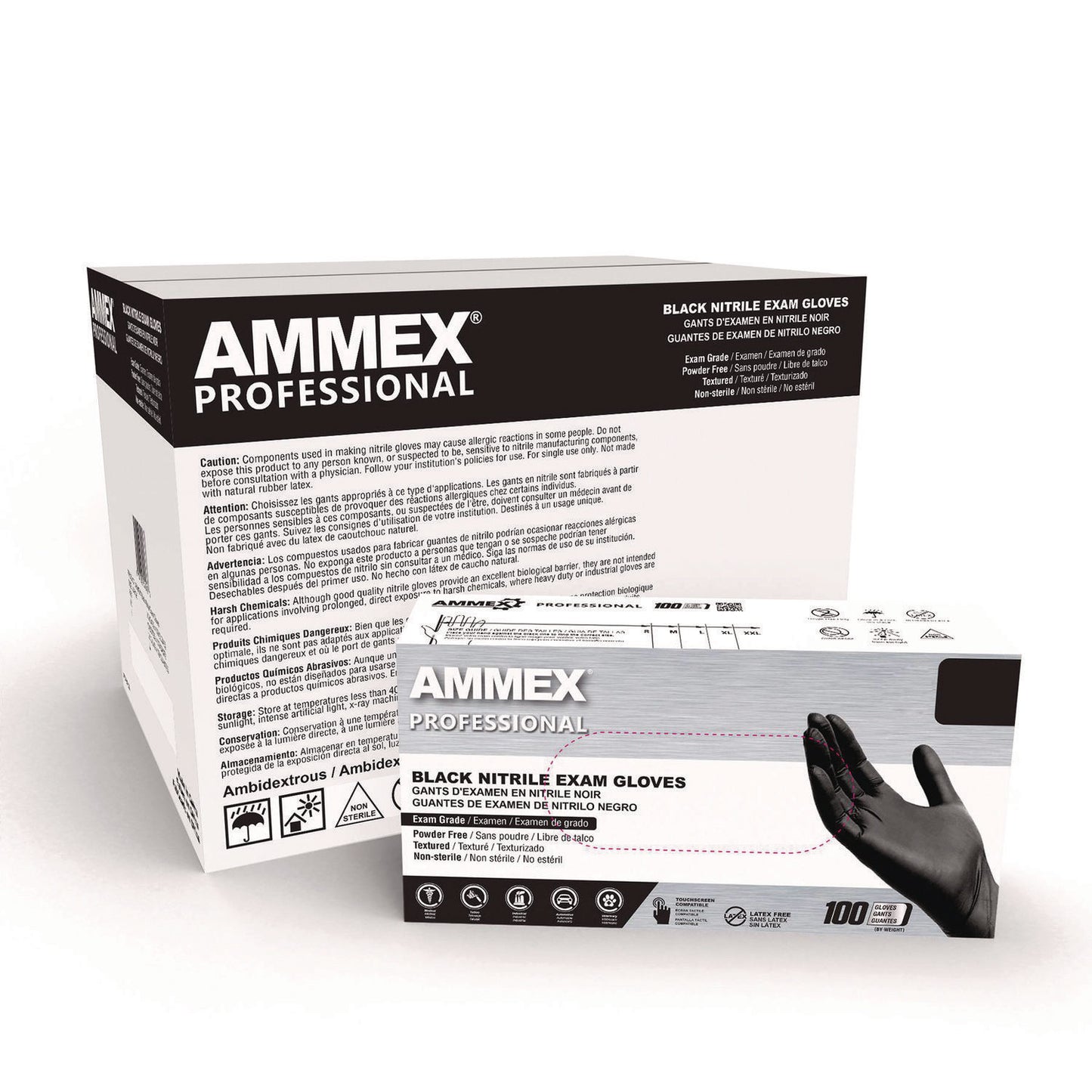 AMMEX Professional Nitrile Exam Gloves, Powder-Free, 3 mil, X-Large, Black, 100/Box, 10 Boxes/Carton (ABNPF48100CT)