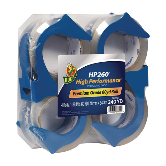 Duck HP260 Packaging Tape with Dispenser, 3" Core, 1.88" x 60 yds, Clear, 4/Pack (0007725)